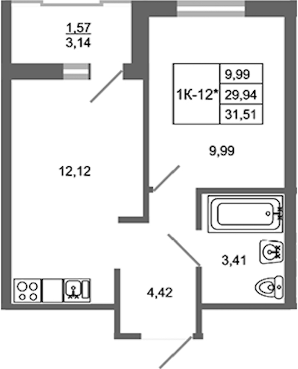 1-комнатная квартира 31.51 м², 11/17 эт., ЖК «Стороны Света 2»